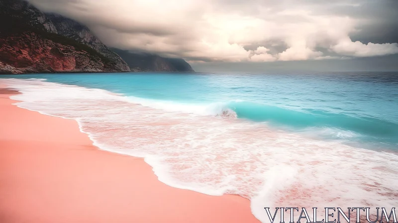 AI ART Tranquil Pink Beach Seascape with Cloudy Sky