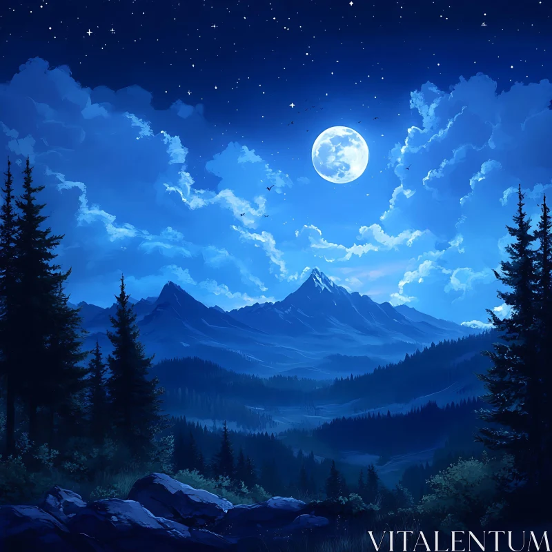 Blue Night Mountain Scenery AI Image