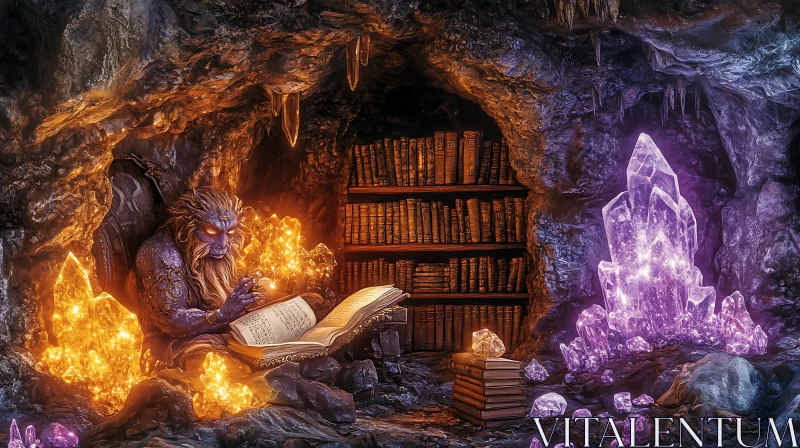 Fantasy Creature Reading Book In Cave AI Image