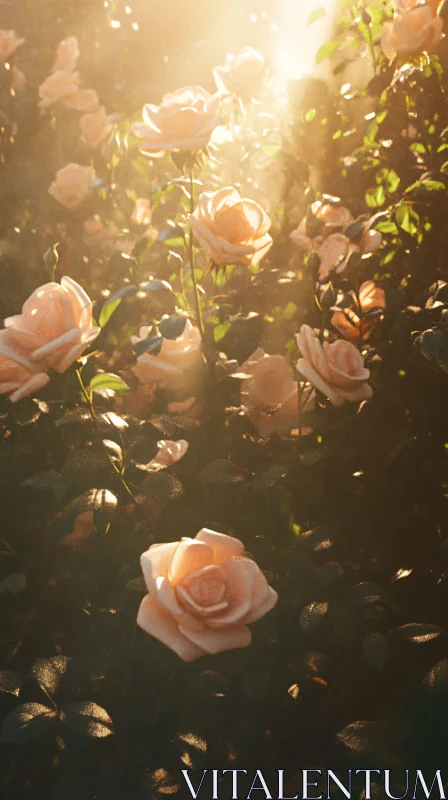 Sunlit Garden of Pale Pink Roses AI Image