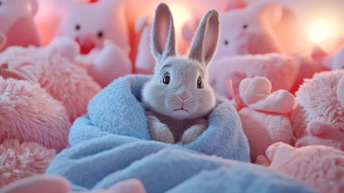 Sweet Rabbit Snuggled in Blue Blanket