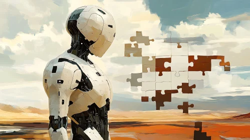 AI Robot Contemplates Puzzle in Landscape