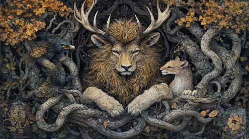 Mystical Forest Guardian with Lion and Friends