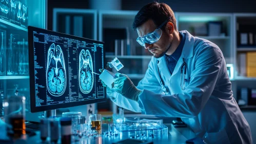 Scientist Analyzing Brain Scan in Lab