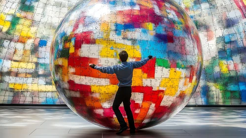 Man Embracing Puzzle Sphere Art