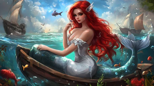 Red-Haired Mermaid in a Boat