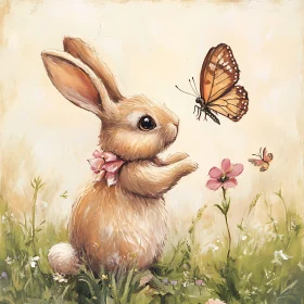 Rabbit with Butterfly in Meadow