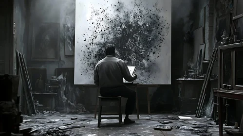 Monochrome Artist's Studio with Abstract Art