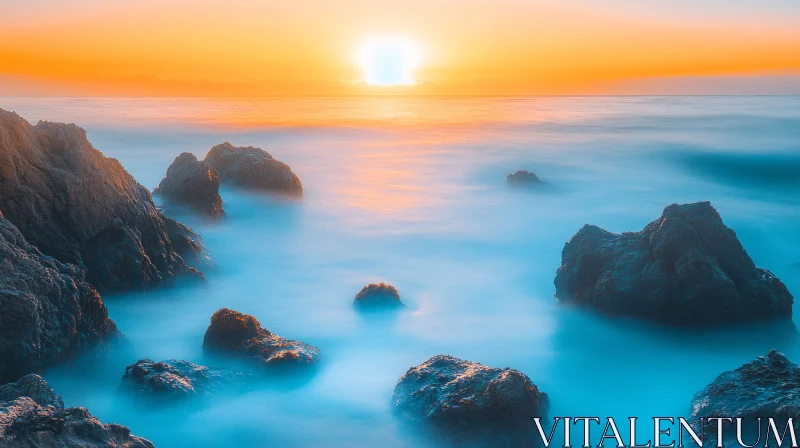 Tranquil Sunset Over Rocky Ocean Scene AI Image