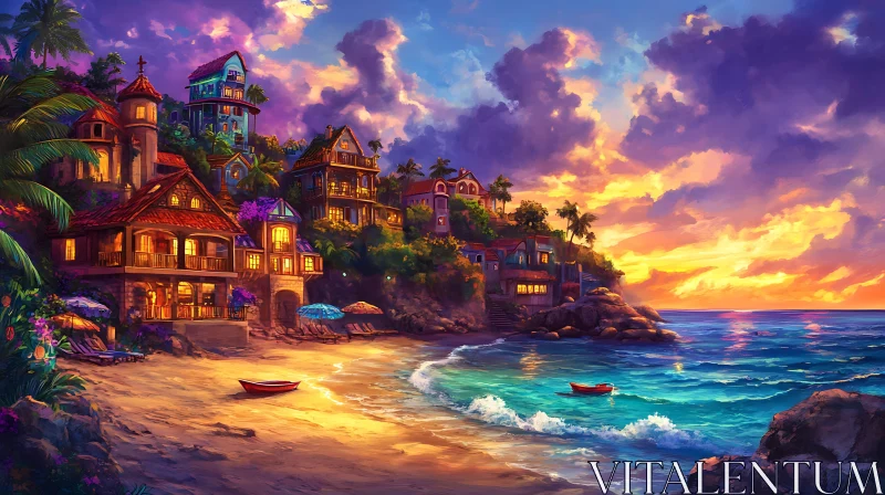 Tropical Beach Houses at Dusk AI Image