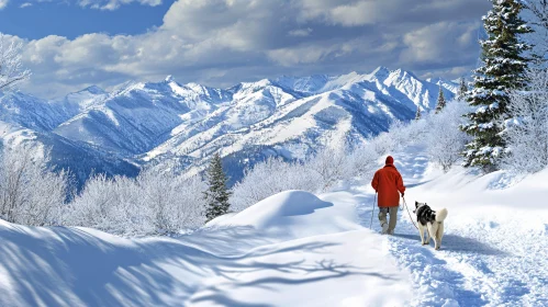 Man and Dog Winter Mountain Trek