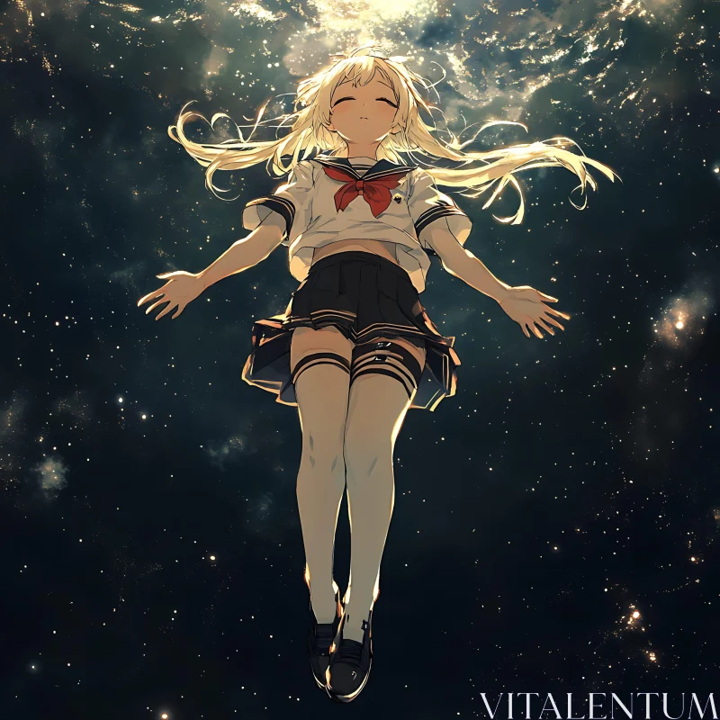 AI ART Cosmic Floating School Girl