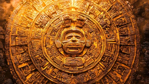 Detailed Golden Aztec Calendar Stone