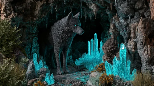 Mystic Wolf and Glowing Crystals