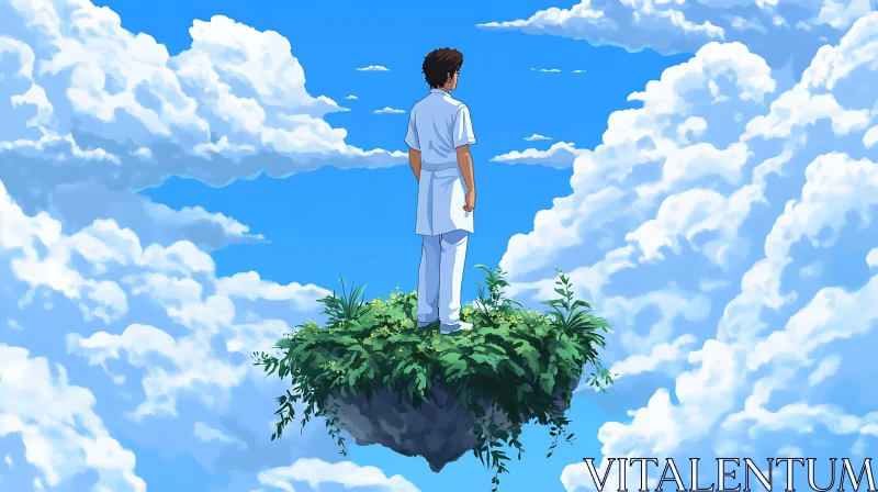 Man on Isolated Floating Island with Lush Vegetation and Clouds AI Image