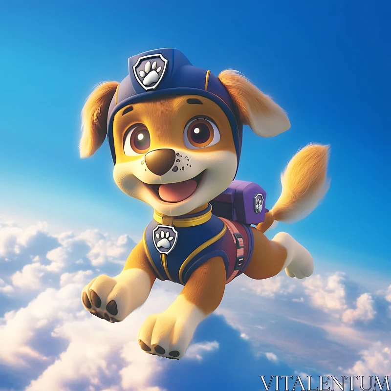 Skydiving Cartoon Dog in Blue Sky AI Image