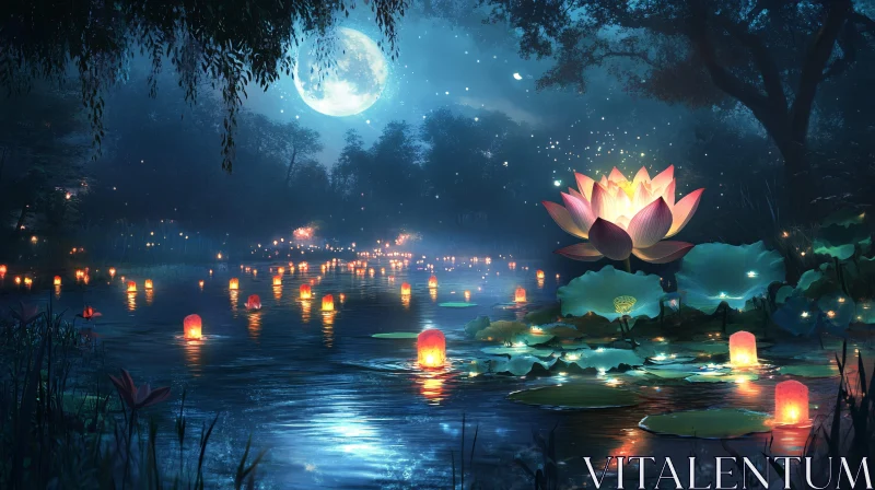 Serene Night by the Lantern-Lit Lake AI Image