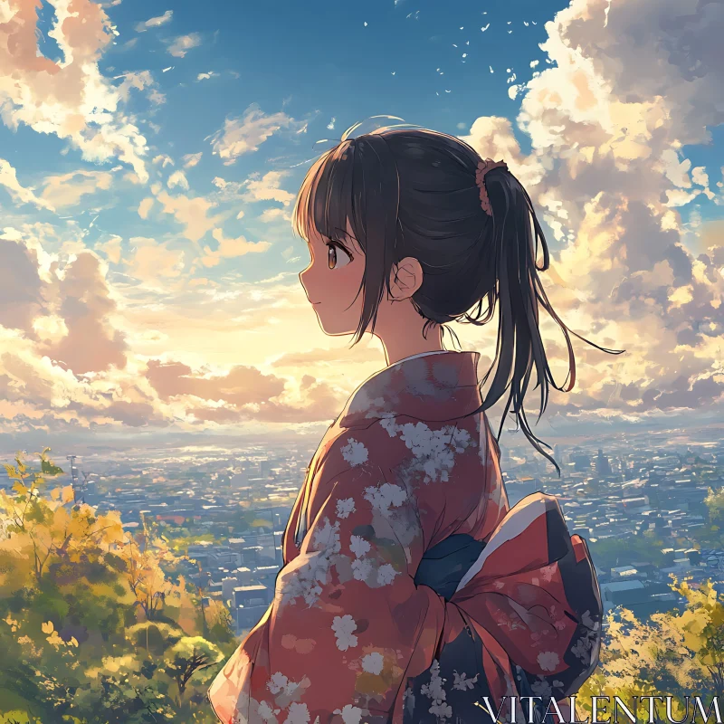 Girl in Kimono Watching Sunset Over City - Anime Illustration AI Image