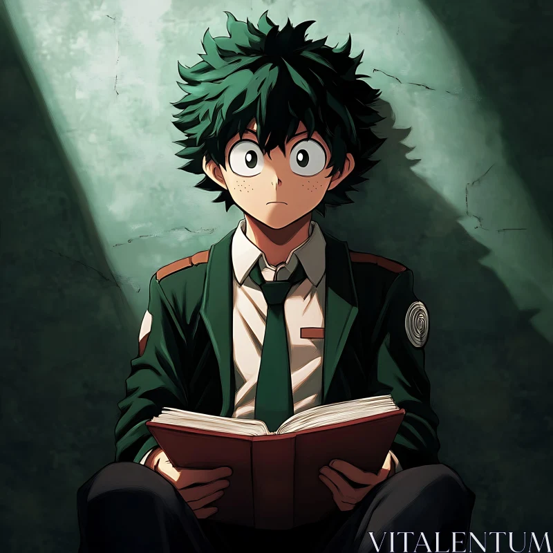 Green-Haired Anime Character Engrossed in a Book AI Image