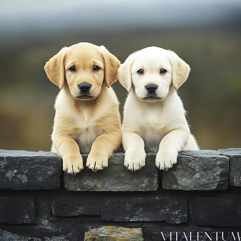 Cute Puppies Perched on Rustic Wall AI Image