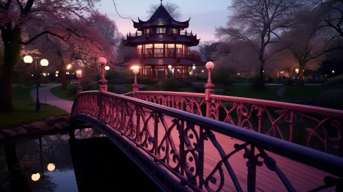 Pink Bridge in a Park at Dusk with Cherry Blossoms