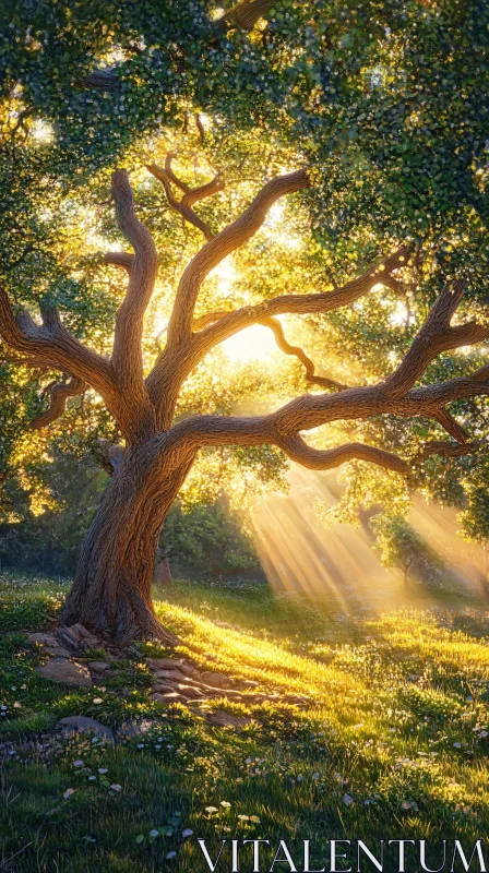 AI ART Majestic Oak with Sunbeams