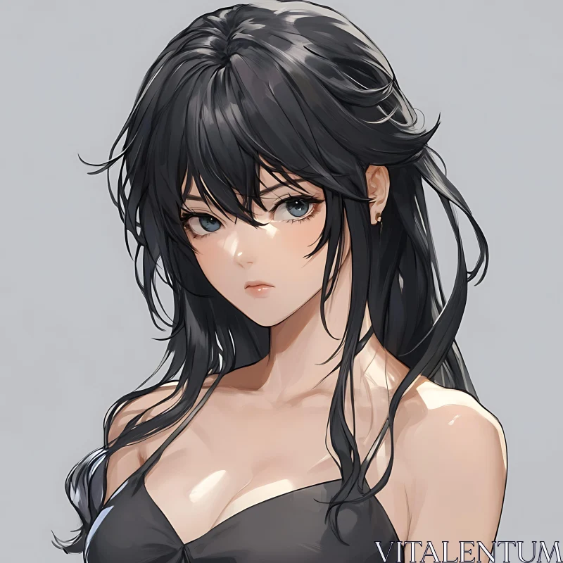 Anime Portrait of a Girl with Long Black Hair AI Image