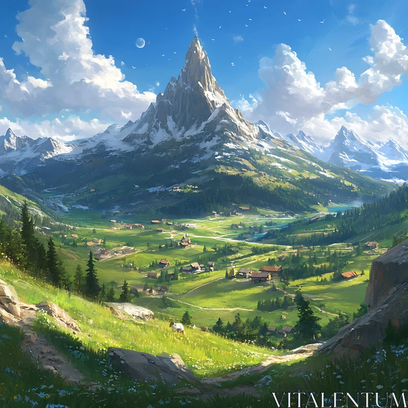 Scenic Valley Vista with Mountain Backdrop AI Image