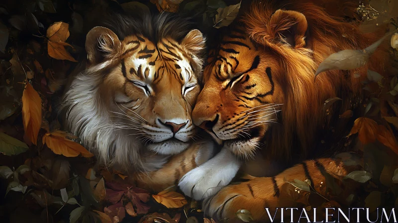 AI ART Peaceful Embrace: Lion and Tiger Artwork