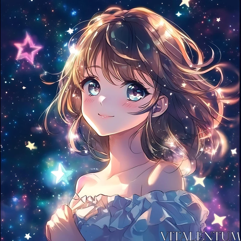 Starry-Eyed Anime Girl in Galactic Setting AI Image