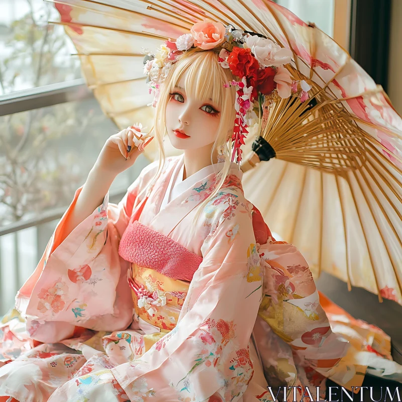 Traditional Japanese Beauty with Floral Adornments AI Image