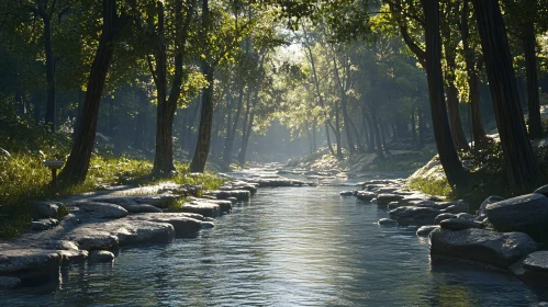 Tranquil Forest Stream with Sunlit Canopy