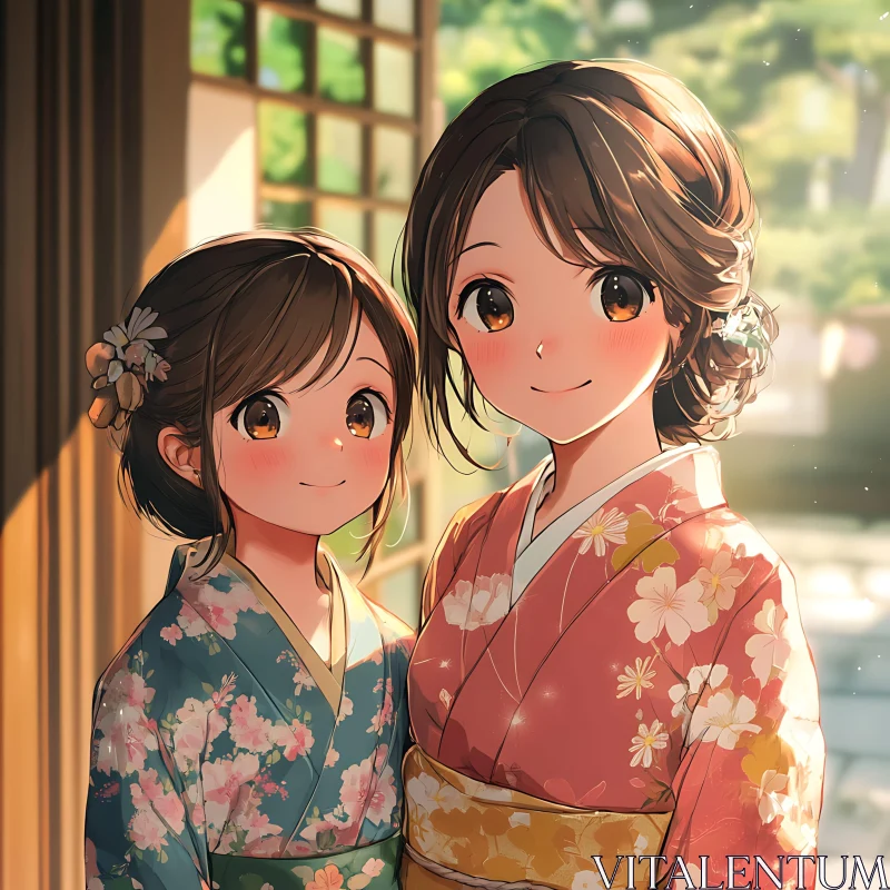 Anime Girls in Kimonos with Sunny Backdrop AI Image