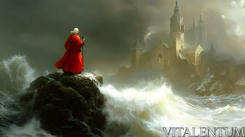 Figure in Red Robe by the Sea AI Image