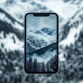 Snowy Peaks Displayed on Phone Screen