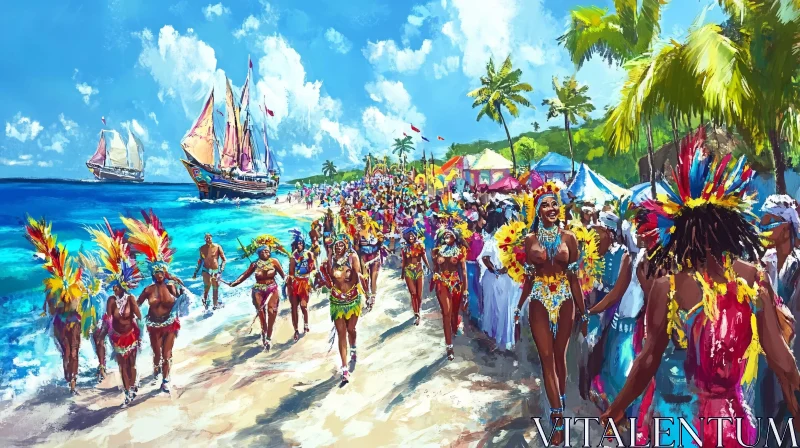Festive Beach Parade with Sailing Ships AI Image