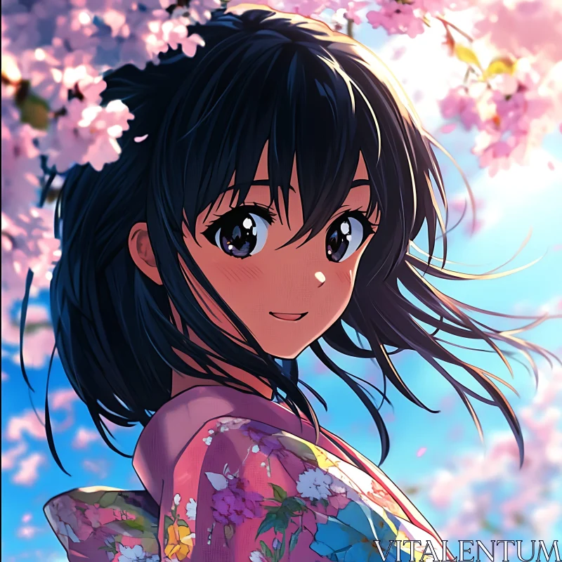 Anime Girl Smiling in Spring Blossom AI Image