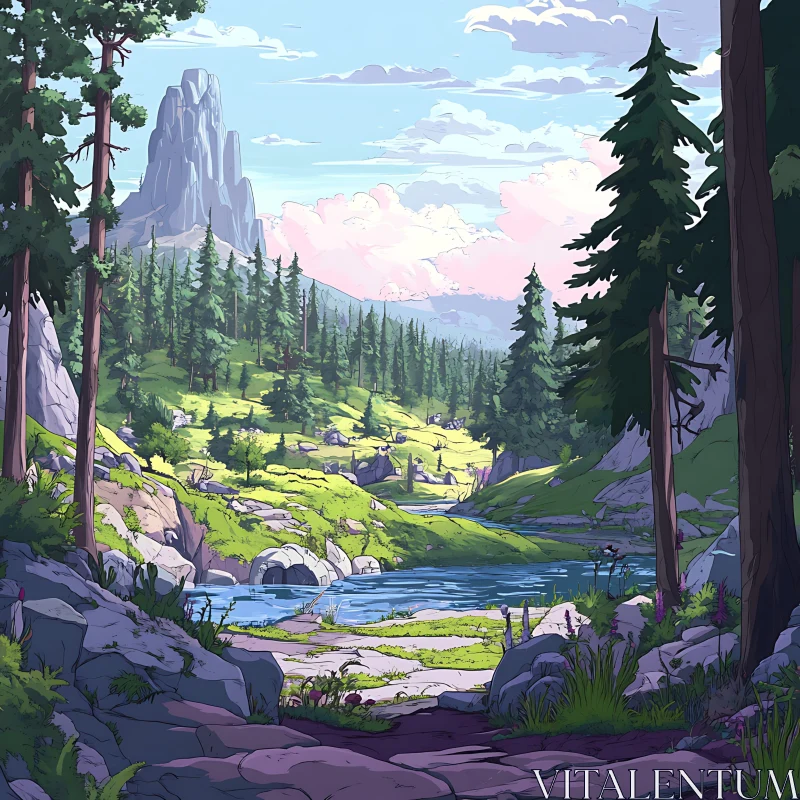 Tranquil Forest View with Water and Peaks AI Image