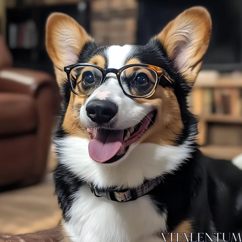 Corgi with Glasses in Cozy Home AI Image