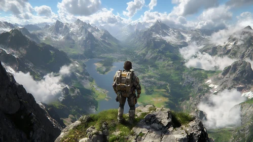 Lone Hiker Overlooking Mountain Landscape