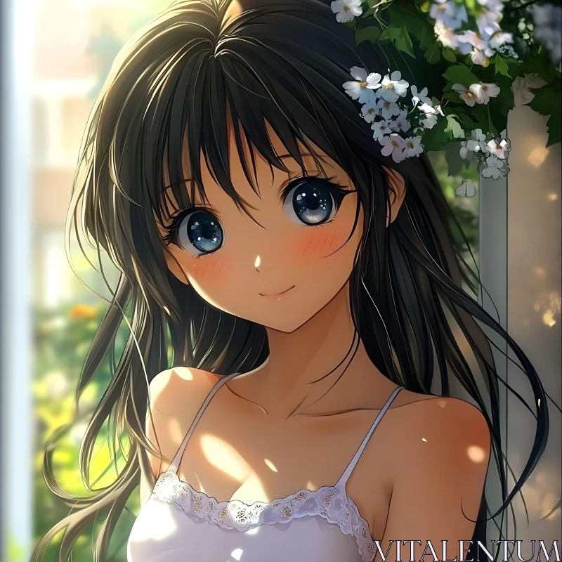 Anime Girl Outdoor Portrait with Flowers AI Image