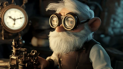Steampunk Inventor with Goggles and Clock