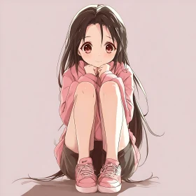 Anime Girl with Long Dark Hair and Pink Outfit