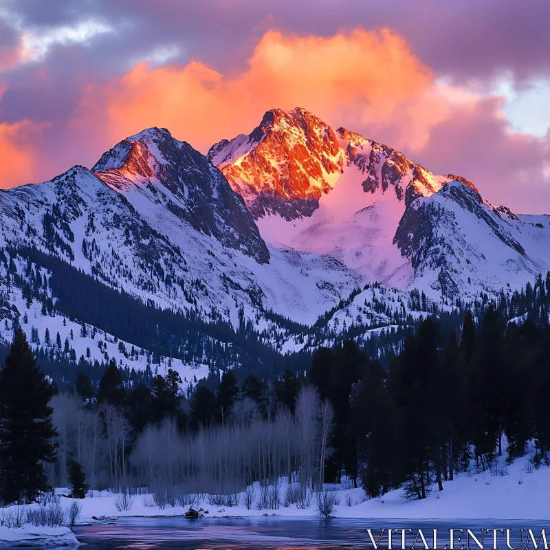 AI ART Winter Mountain Sunset Reflection