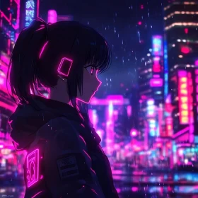 Cyberpunk Anime Character in Neon-lit Night