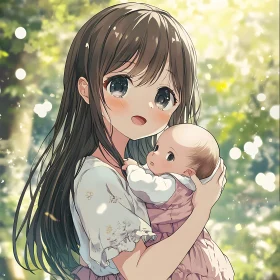 Tender Anime Scene of Girl Holding Baby