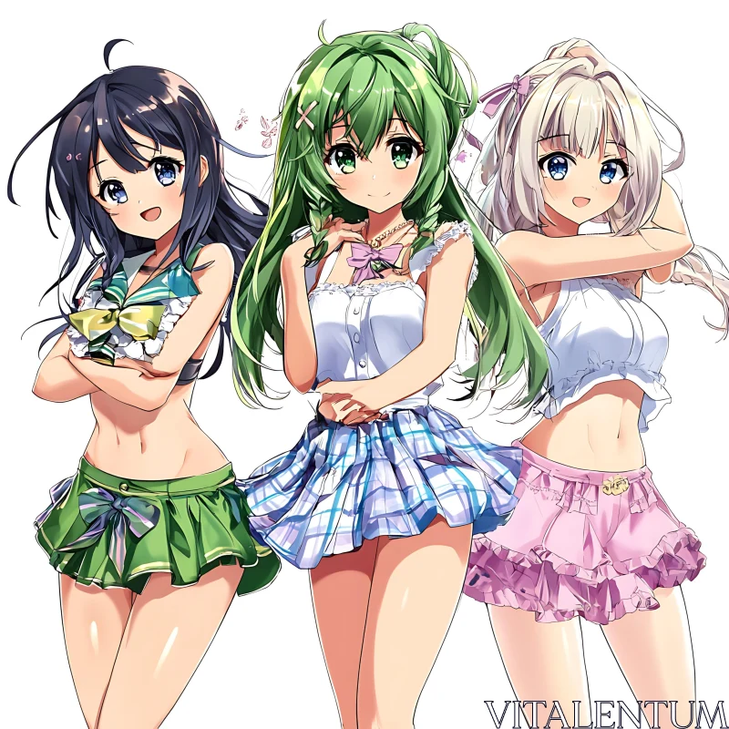 Adorable Anime Trio in Stylish Attire AI Image