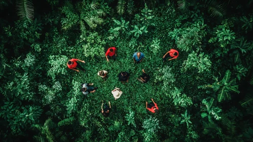 Group of People Exploring a Green Forest