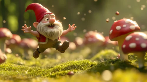 Happy Gnome Among Mushrooms