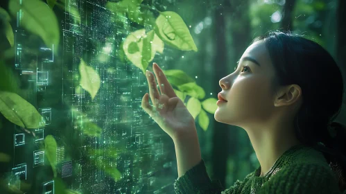 Woman Interacting with Digital Interface in Nature